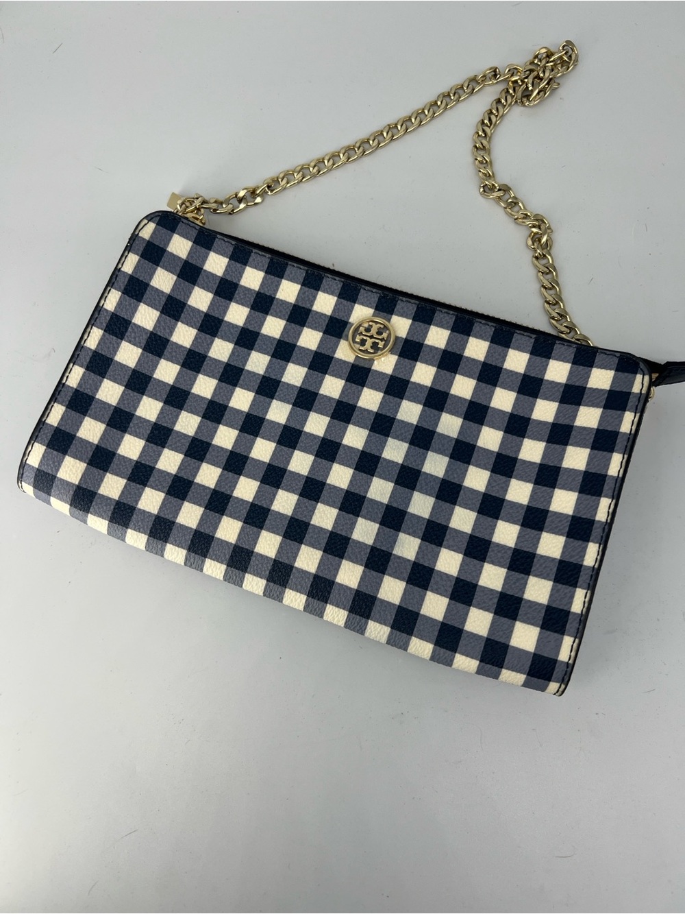 Tory Burch Navy and white Gingham Chain Shoulder Bag/ clutch